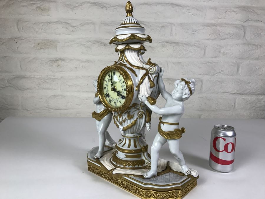 STUNNING Walt Hand Painted Porcelain Clock By C. Zanardi Made In Italy White With Gold Accents Boys Flanking Clock [Photo 21]