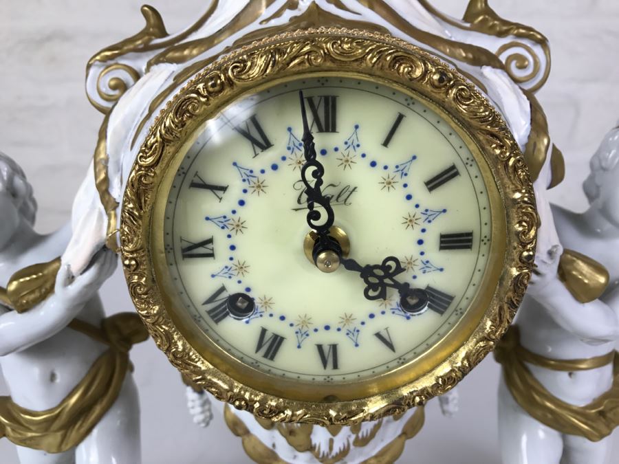 STUNNING Walt Hand Painted Porcelain Clock By C. Zanardi Made In Italy White With Gold Accents Boys Flanking Clock [Photo 3]