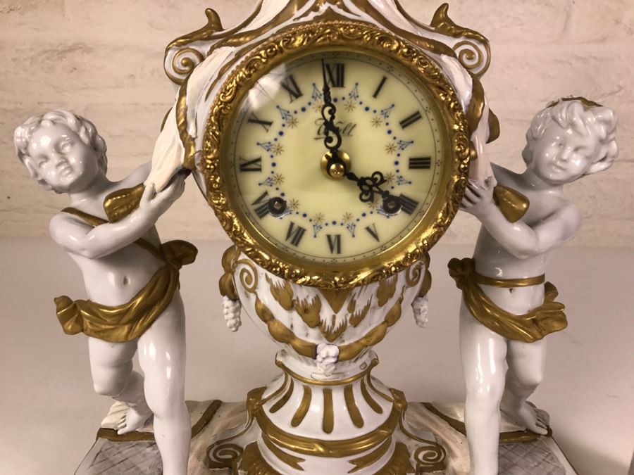 STUNNING Walt Hand Painted Porcelain Clock By C. Zanardi Made In Italy White With Gold Accents Boys Flanking Clock [Photo 9]