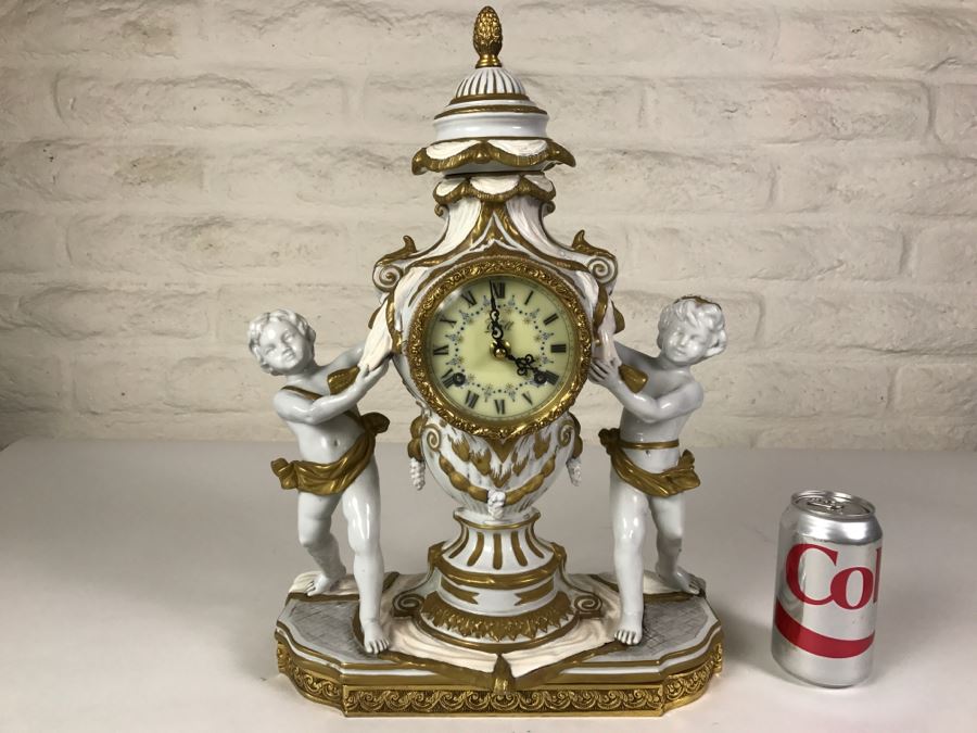 STUNNING Walt Hand Painted Porcelain Clock By C. Zanardi Made In Italy White With Gold Accents Boys Flanking Clock