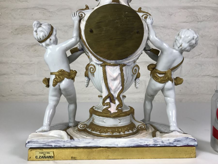 STUNNING Walt Hand Painted Porcelain Clock By C. Zanardi Made In Italy White With Gold Accents Boys Flanking Clock [Photo 2]