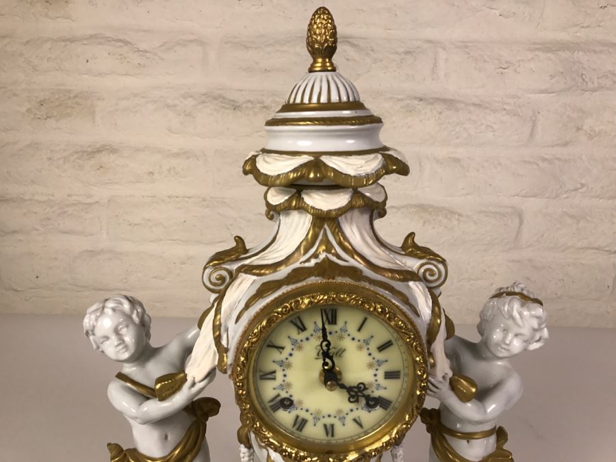STUNNING Walt Hand Painted Porcelain Clock By C. Zanardi Made In Italy White With Gold Accents Boys Flanking Clock [Photo 7]