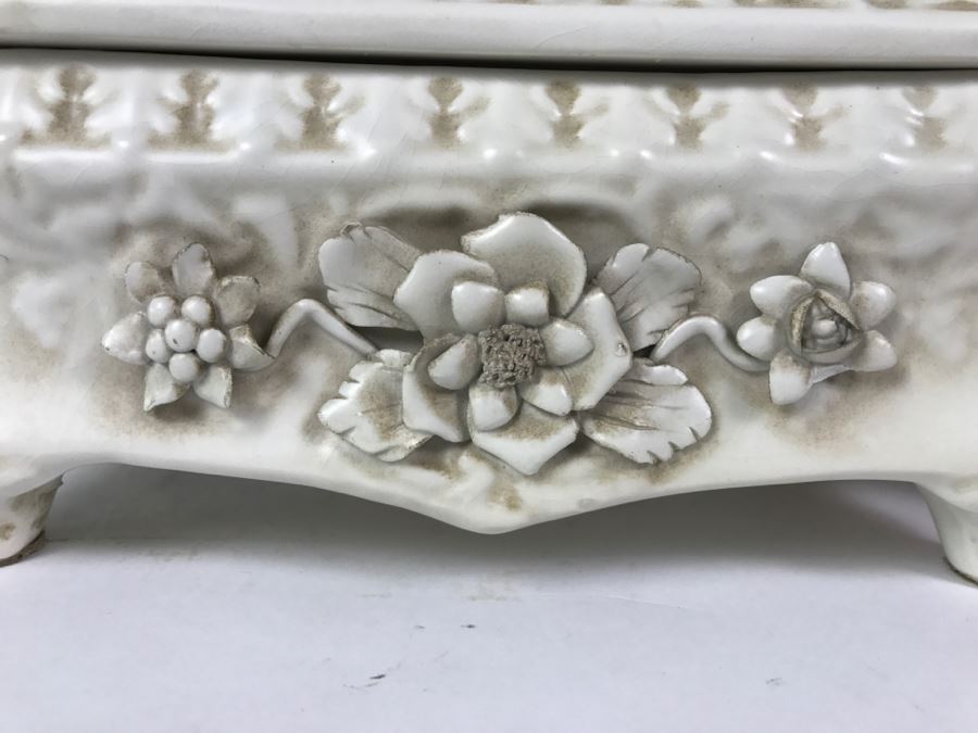 Large Covered White Porcelain Footed Box With Floral Relief Made In Italy [Photo 3]