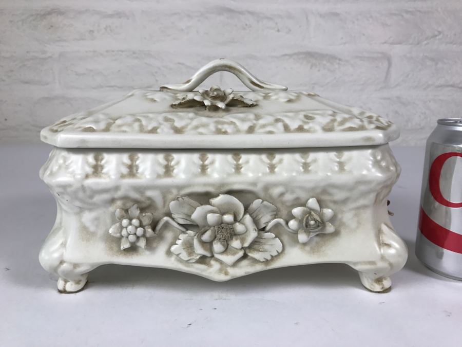 Large Covered White Porcelain Footed Box With Floral Relief Made In Italy