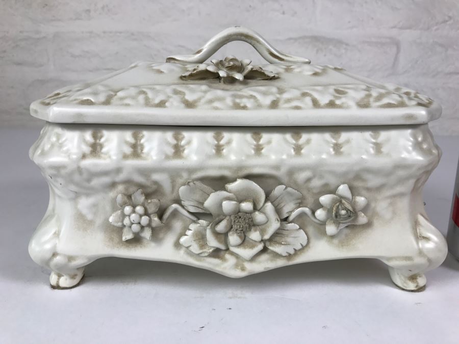 Large Covered White Porcelain Footed Box With Floral Relief Made In Italy [Photo 2]