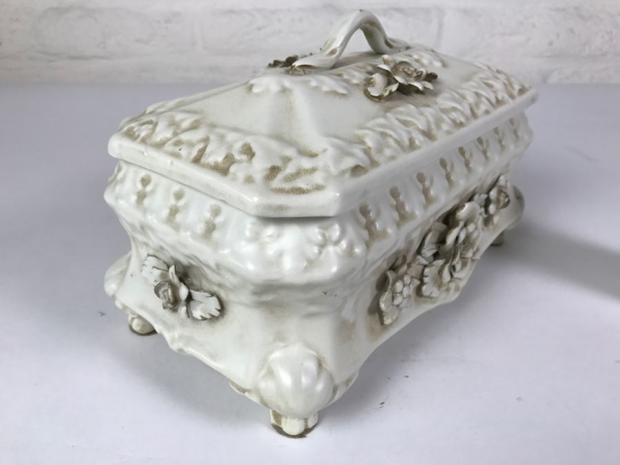 Large Covered White Porcelain Footed Box With Floral Relief Made In Italy [Photo 6]