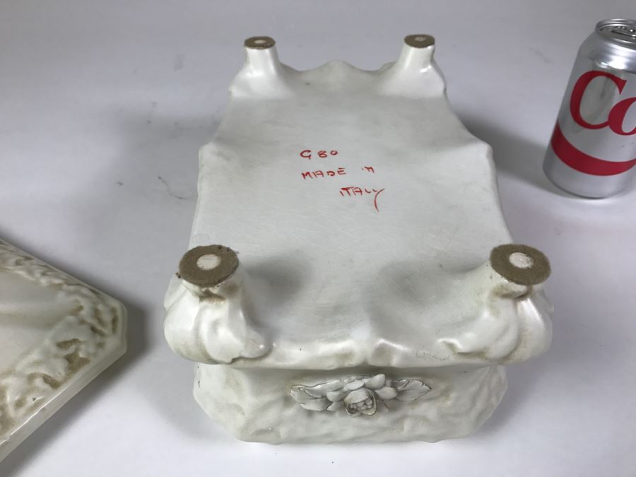 Large Covered White Porcelain Footed Box With Floral Relief Made In Italy [Photo 11]