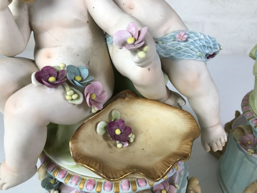 Pair Of Large Hand Painted Figures Of Young Boys On Pedestal Signed Underneath [Photo 9]