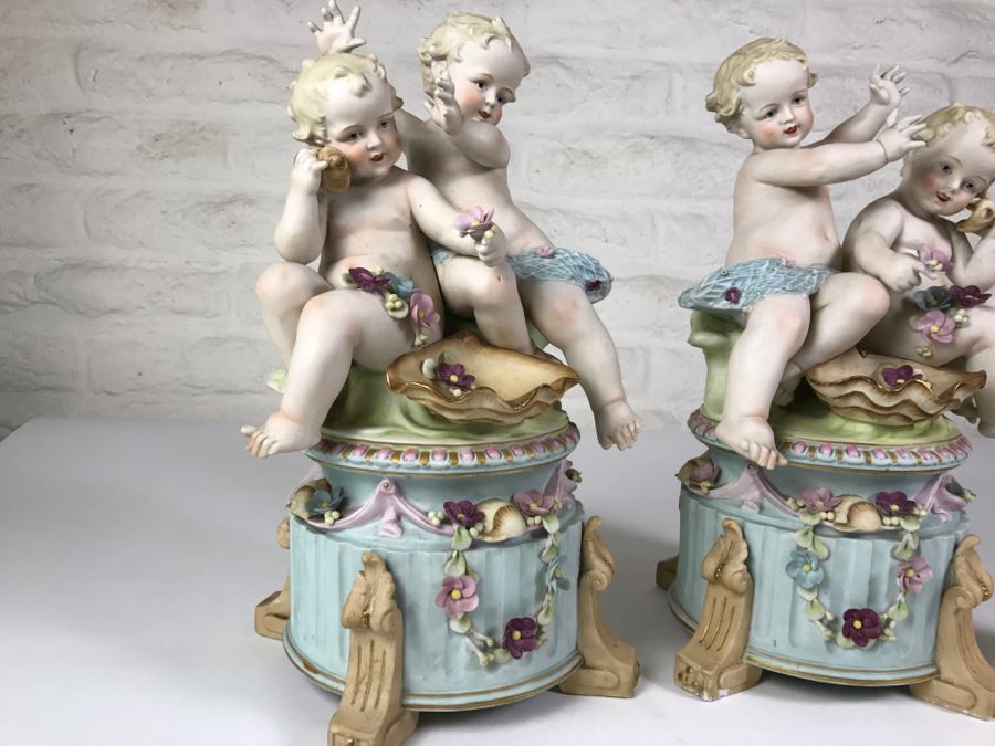 Pair Of Large Hand Painted Figures Of Young Boys On Pedestal Signed Underneath [Photo 3]