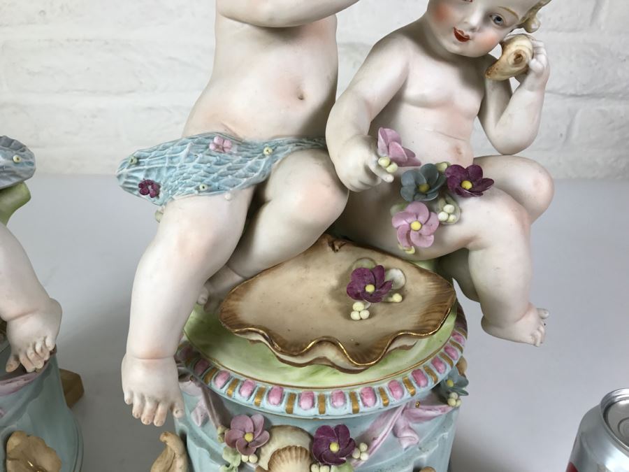 Pair Of Large Hand Painted Figures Of Young Boys On Pedestal Signed Underneath [Photo 16]