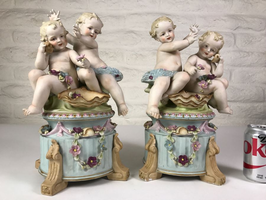 Pair Of Large Hand Painted Figures Of Young Boys On Pedestal Signed Underneath [Photo 2]