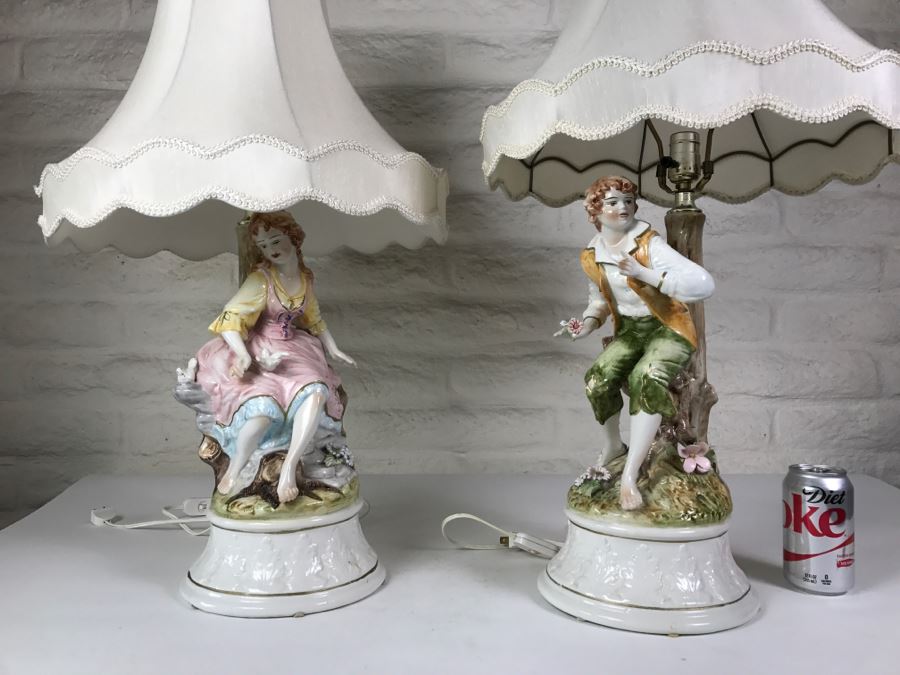 Pair Of Capodimonte Hand Panted Figural Lamps With Shades