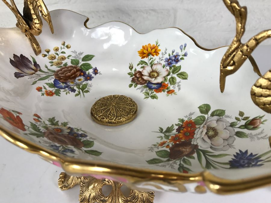 Ornate Hand Painted Porcelain Footed Bowl With Gilt Metal Birds On Rim [Photo 7]