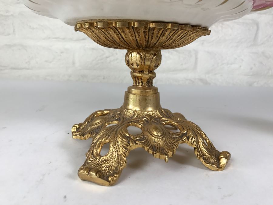 Ornate Hand Painted Porcelain Footed Bowl With Gilt Metal Birds On Rim [Photo 12]