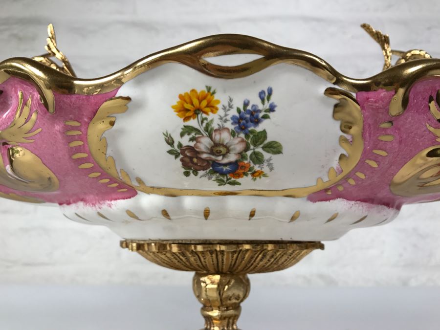 Ornate Hand Painted Porcelain Footed Bowl With Gilt Metal Birds On Rim [Photo 3]