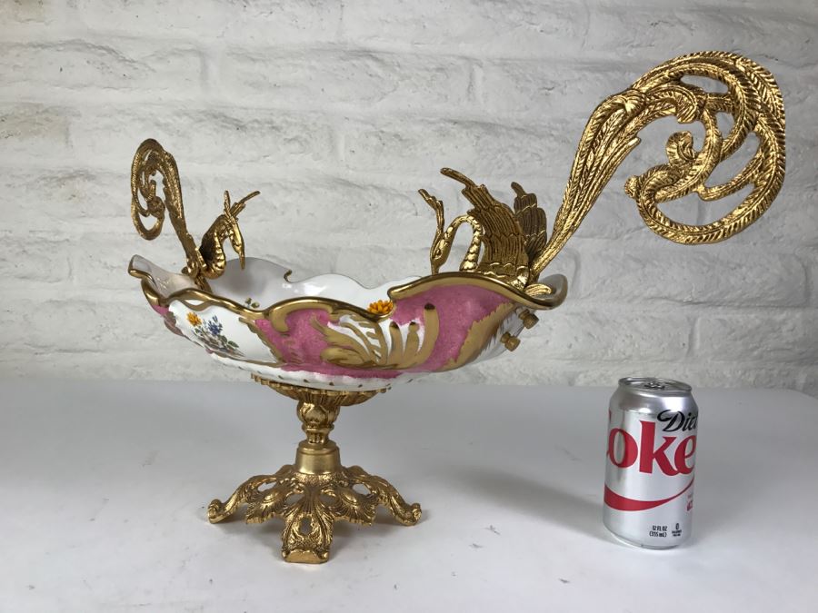 Ornate Hand Painted Porcelain Footed Bowl With Gilt Metal Birds On Rim [Photo 5]