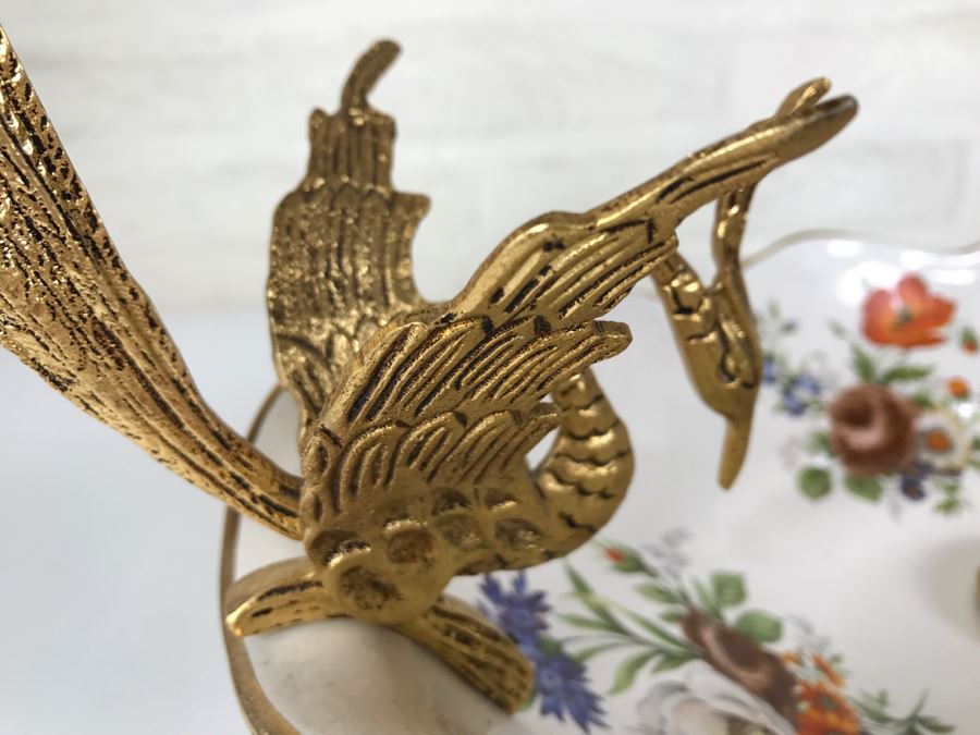 Ornate Hand Painted Porcelain Footed Bowl With Gilt Metal Birds On Rim [Photo 10]