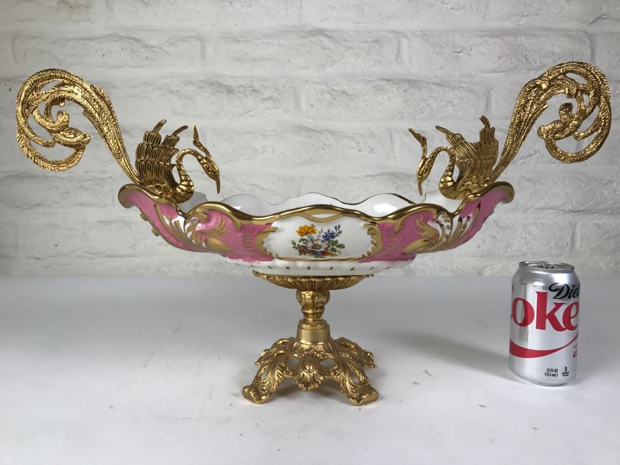 Ornate Hand Painted Porcelain Footed Bowl With Gilt Metal Birds On Rim