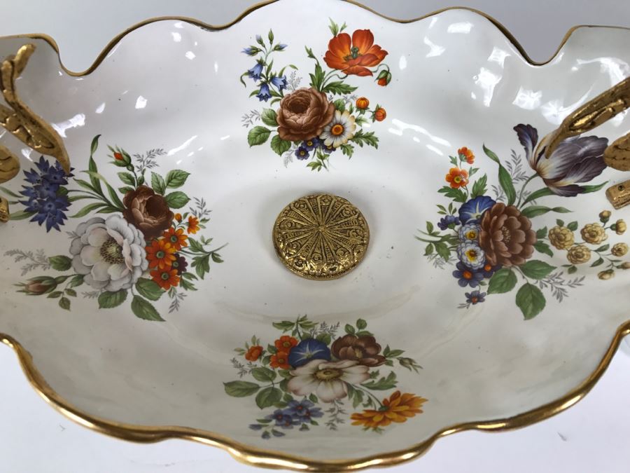 Ornate Hand Painted Porcelain Footed Bowl With Gilt Metal Birds On Rim [Photo 14]