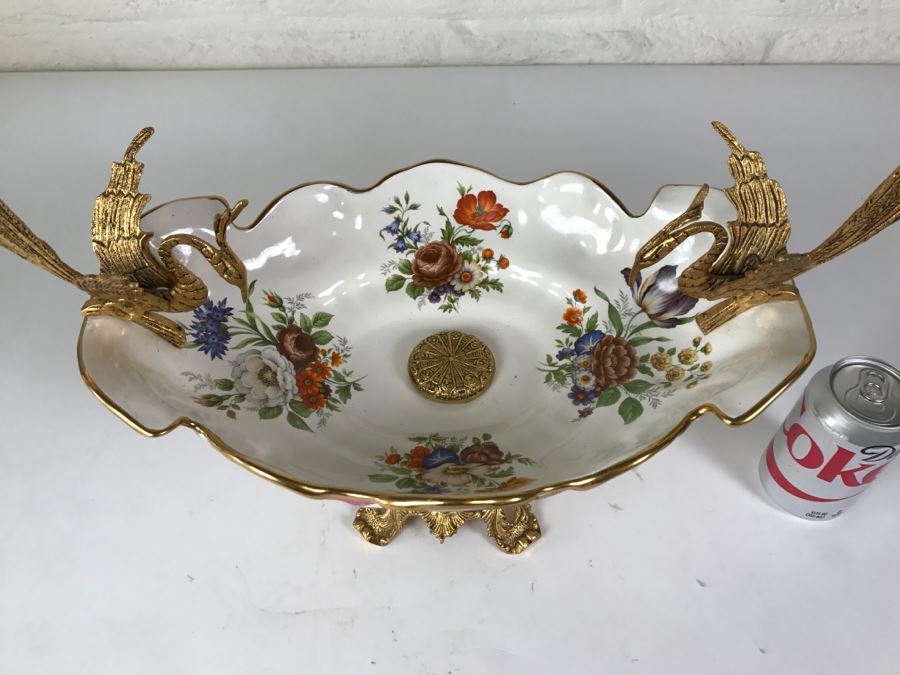 Ornate Hand Painted Porcelain Footed Bowl With Gilt Metal Birds On Rim