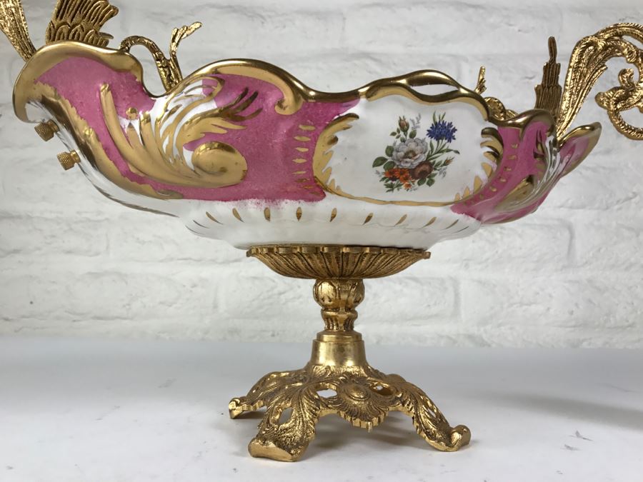 Ornate Hand Painted Porcelain Footed Bowl With Gilt Metal Birds On Rim [Photo 13]
