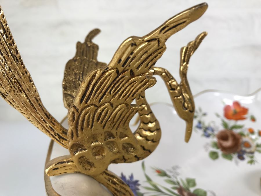 Ornate Hand Painted Porcelain Footed Bowl With Gilt Metal Birds On Rim [Photo 9]