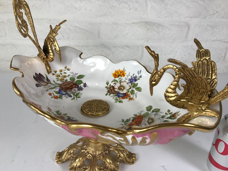 Ornate Hand Painted Porcelain Footed Bowl With Gilt Metal Birds On Rim [Photo 6]