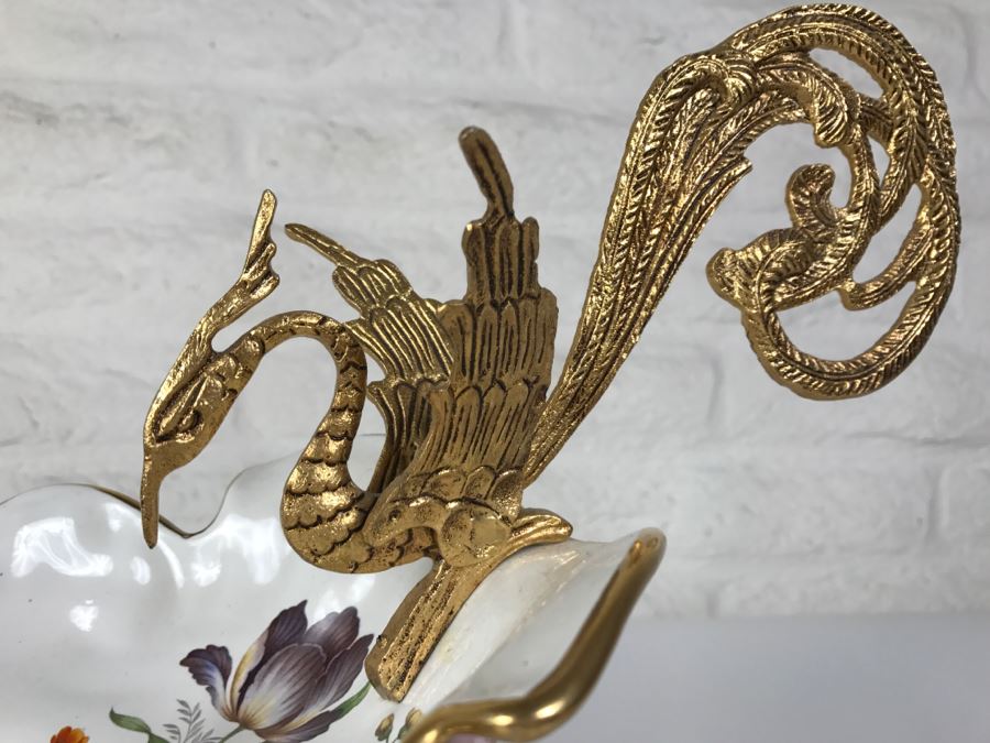 Ornate Hand Painted Porcelain Footed Bowl With Gilt Metal Birds On Rim [Photo 11]