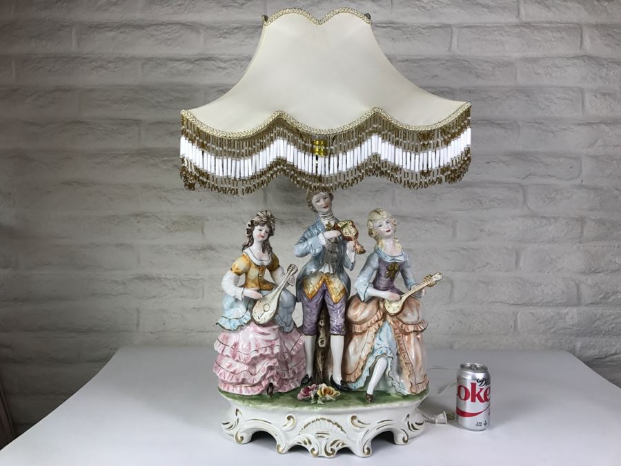 Large Hand Painted Capodimonte Italian Lamp With Shade
