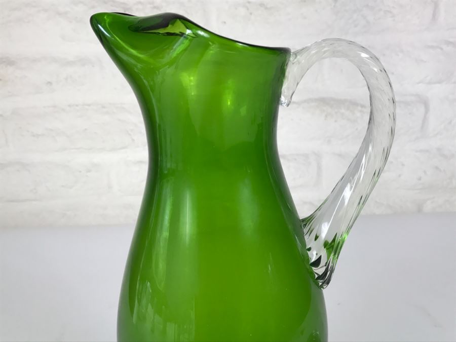 Hand Blown Green Glass Ewer Pitcher With Twisted Handle And Stem [Photo 2]