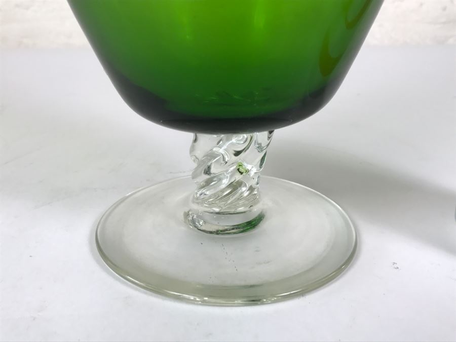 Hand Blown Green Glass Ewer Pitcher With Twisted Handle And Stem [Photo 3]