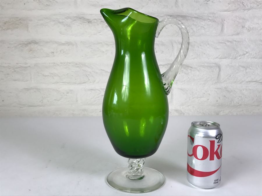Hand Blown Green Glass Ewer Pitcher With Twisted Handle And Stem [Photo 1]
