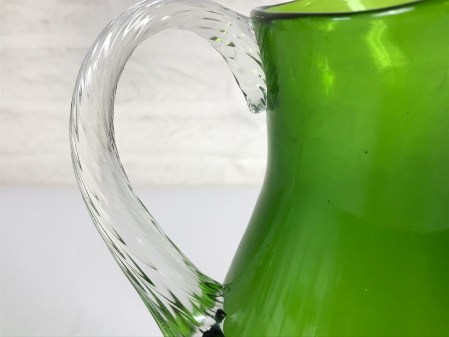 Hand Blown Green Glass Ewer Pitcher With Twisted Handle And Stem [Photo 9]