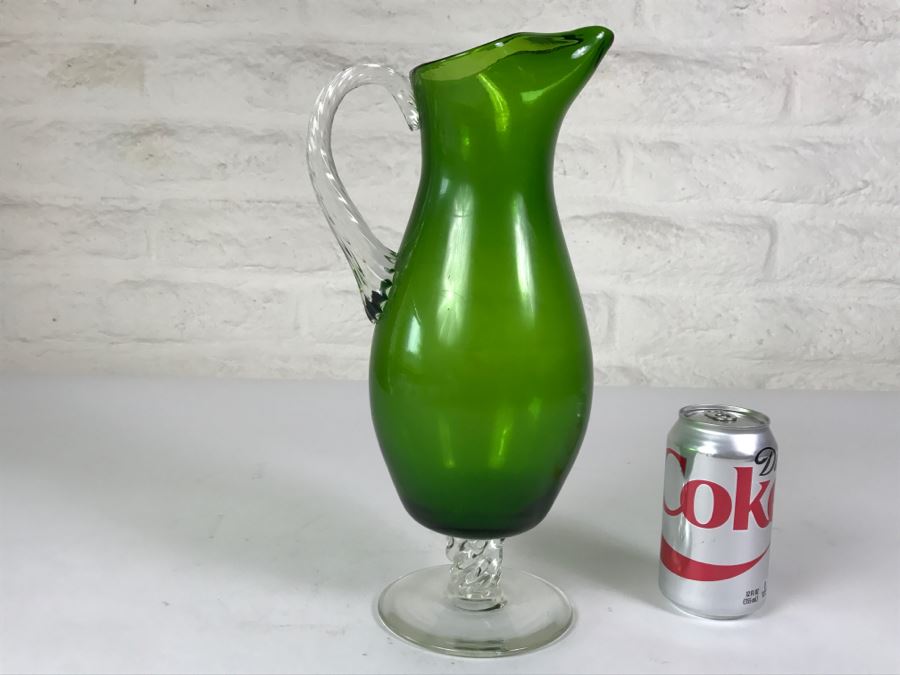 Hand Blown Green Glass Ewer Pitcher With Twisted Handle And Stem [Photo 5]