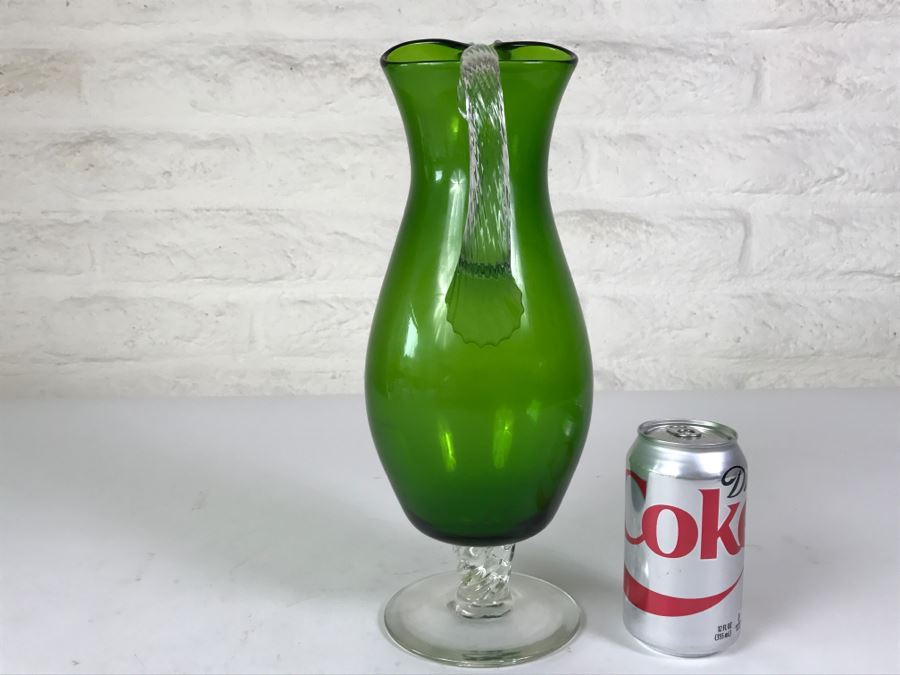 Hand Blown Green Glass Ewer Pitcher With Twisted Handle And Stem