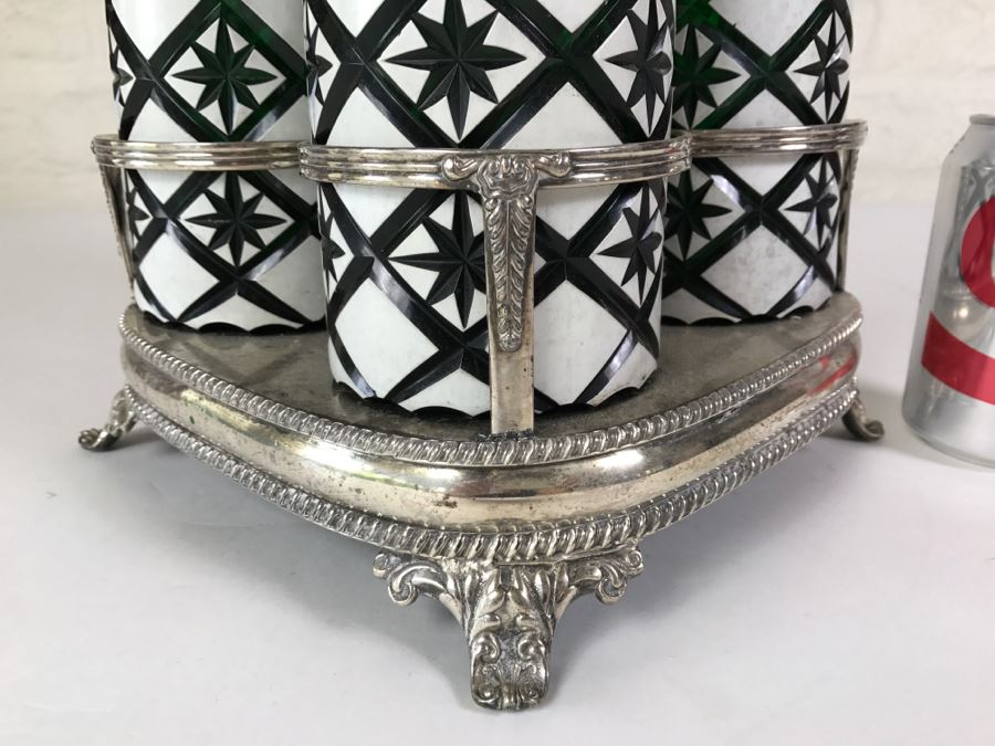 Set Of Four Green And White Cut Glass Decanters With Stoppers And Silver Tone Carrying Case [Photo 2]