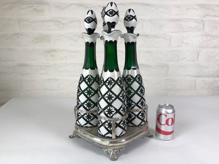 Set Of Four Green And White Cut Glass Decanters With Stoppers And Silver Tone Carrying Case [Photo 1]