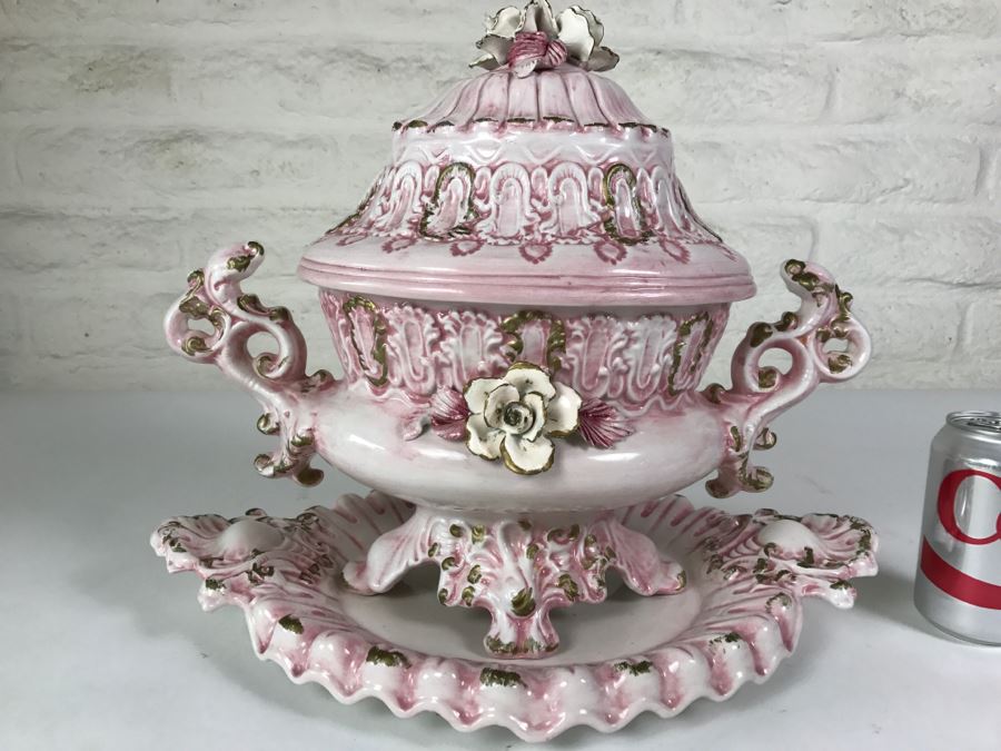 Gorgeous Vintage Capodimonte Soup Tureen With Platter Pink Shabby Chic [Photo 4]