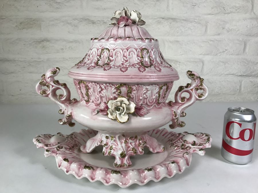 Gorgeous Vintage Capodimonte Soup Tureen With Platter Pink Shabby Chic