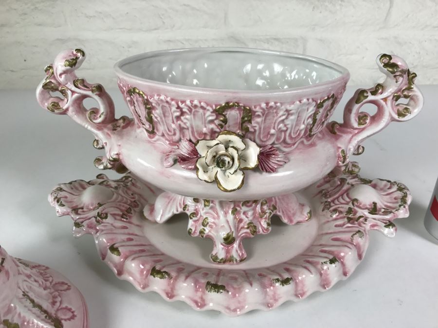 Gorgeous Vintage Capodimonte Soup Tureen With Platter Pink Shabby Chic [Photo 9]