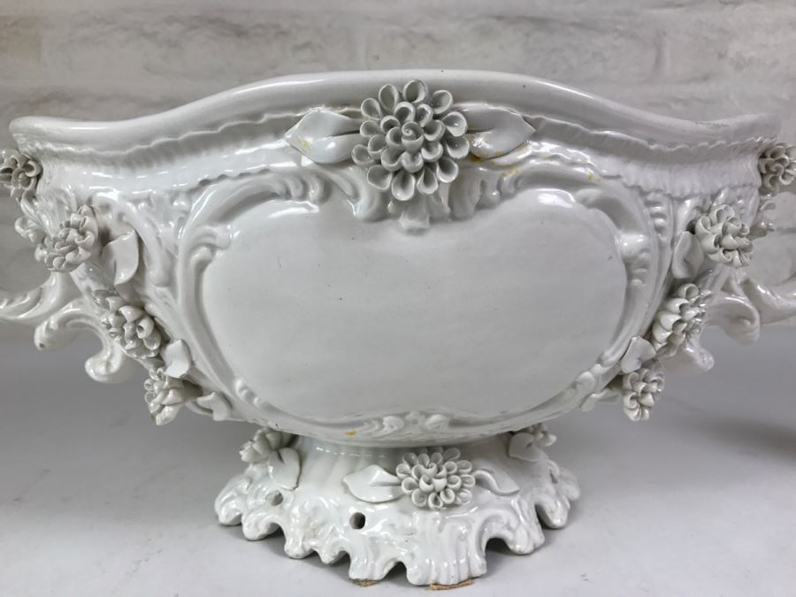 Large White Ornate Footed Bowl With Floral Relief And Handles Made In Italy [Photo 9]