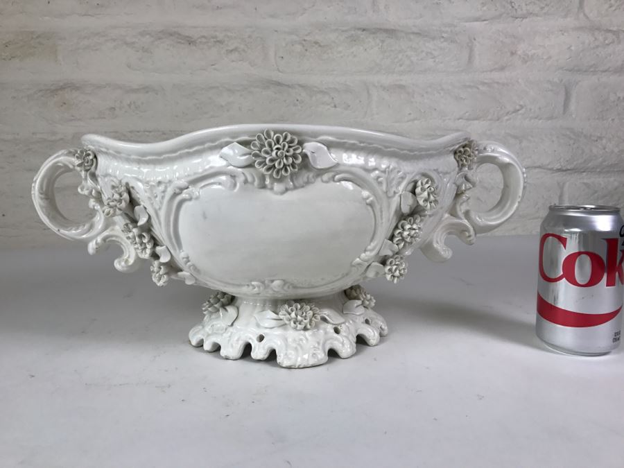 Large White Ornate Footed Bowl With Floral Relief And Handles Made In Italy [Photo 1]