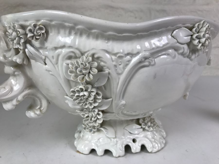 Large White Ornate Footed Bowl With Floral Relief And Handles Made In Italy [Photo 5]
