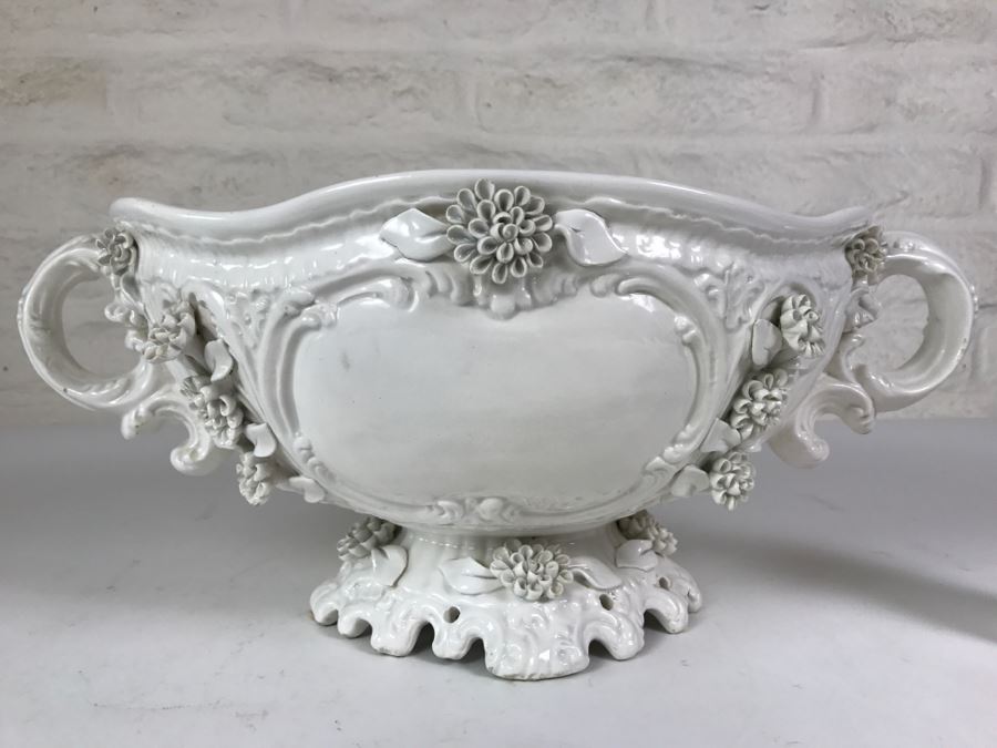 Large White Ornate Footed Bowl With Floral Relief And Handles Made In Italy [Photo 2]
