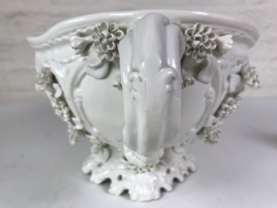 Large White Ornate Footed Bowl With Floral Relief And Handles Made In Italy [Photo 11]