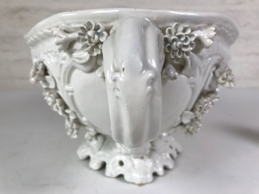 Large White Ornate Footed Bowl With Floral Relief And Handles Made In Italy [Photo 6]