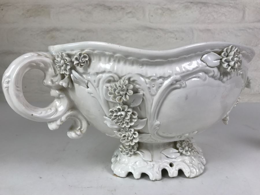 Large White Ornate Footed Bowl With Floral Relief And Handles Made In Italy [Photo 4]