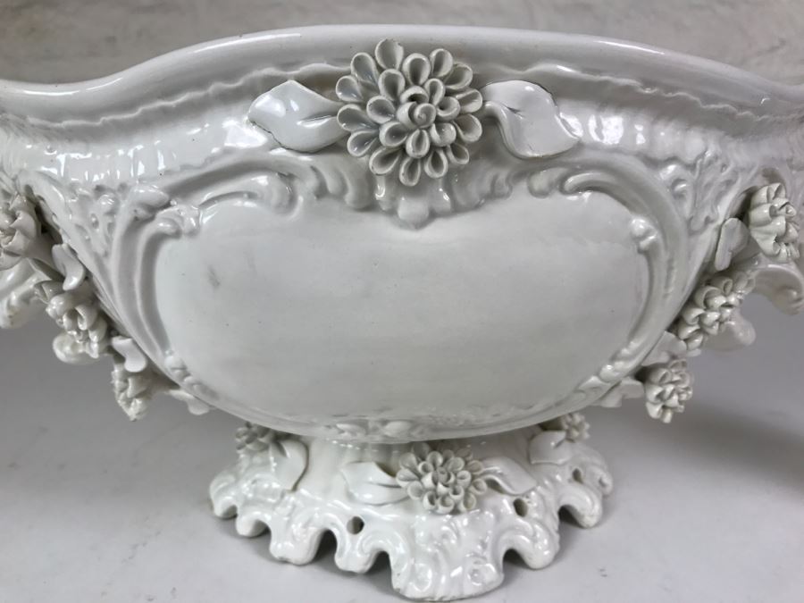 Large White Ornate Footed Bowl With Floral Relief And Handles Made In Italy [Photo 3]
