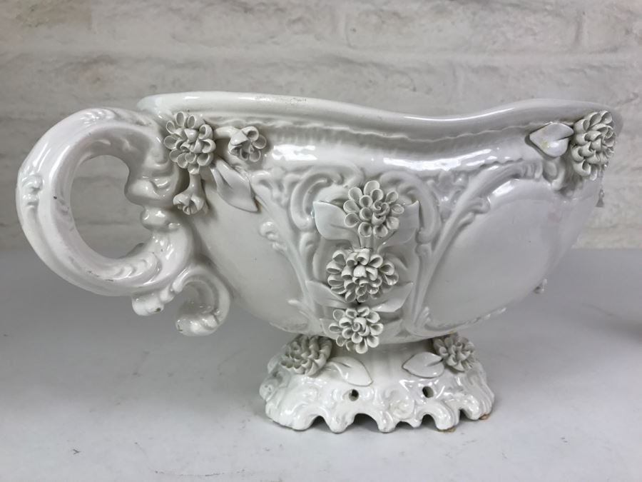 Large White Ornate Footed Bowl With Floral Relief And Handles Made In Italy [Photo 10]