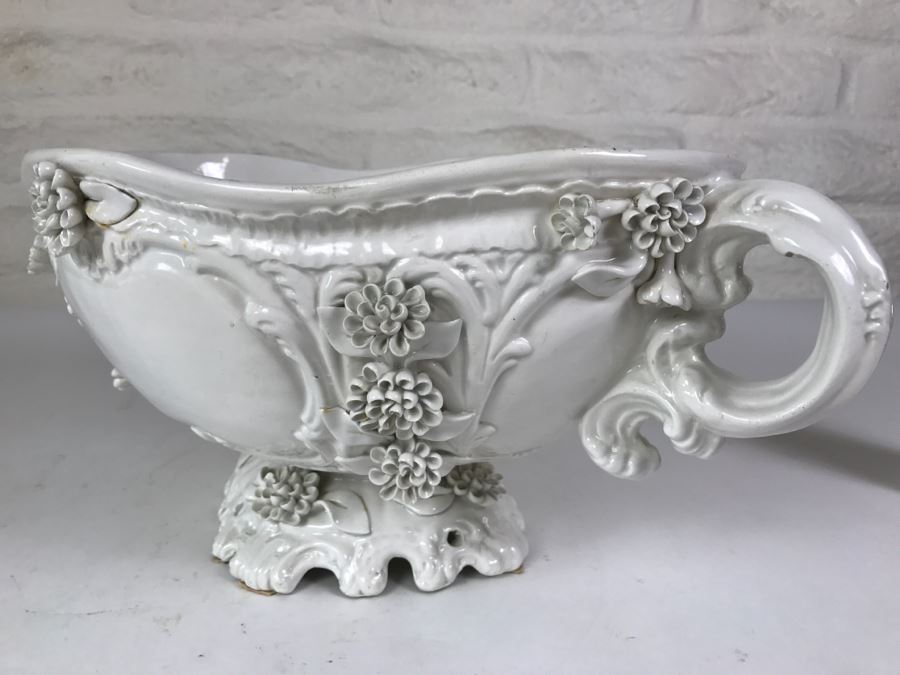 Large White Ornate Footed Bowl With Floral Relief And Handles Made In Italy [Photo 7]